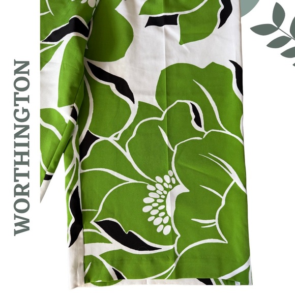 🛍️3/$40 Worthington Green Floral Wide-Leg Cropped Pants – Black White Size XL - Picture 3 of 6
